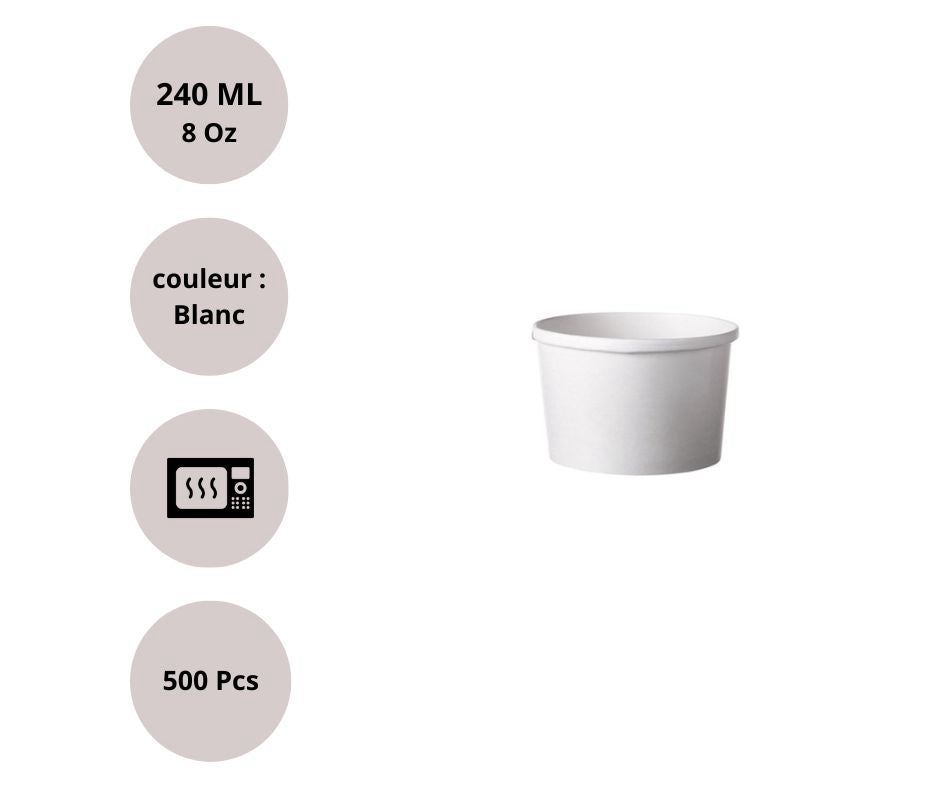 Pot Rond Kraft Blanc 237 ml – Ø90 x 60 mm – Résistant & Écoresponsable – Lot de 25