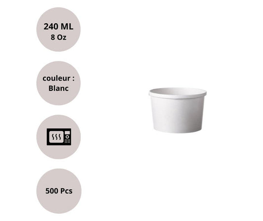 Pot Rond Kraft Blanc 237 ml – Ø90 x 60 mm – Résistant & Écoresponsable – Lot de 25