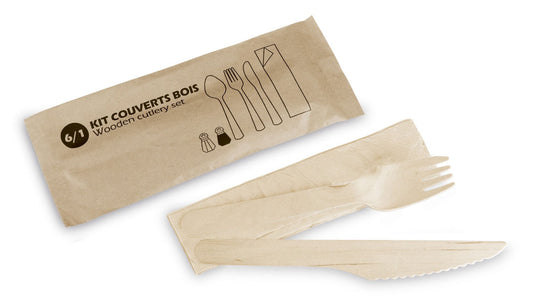 Kit Couverts Bois 3 en 1 – Couteau, Fourchette & Serviette – Emballé