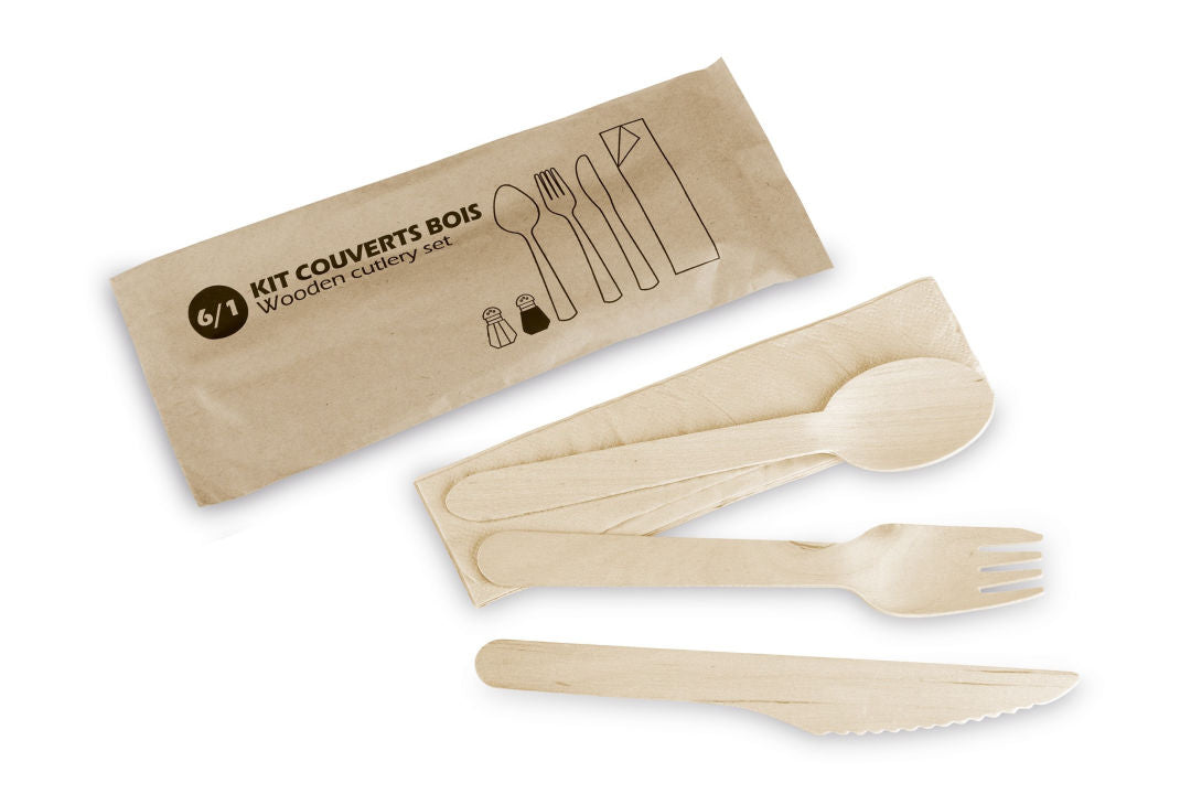 Kit Couverts Bois 4 en 1 – Couteau, Fourchette, Cuillère à Dessert & Serviette – Emballé
